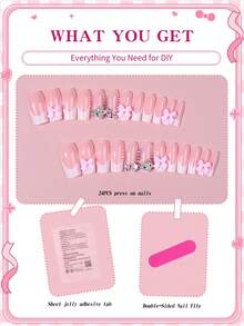 SANRIO Bộ 24 miếng dán móng tay hình chữ nhật 3D màu trắng kiểu Pháp, bao gồm nơ hồng 3D, đá lấp lánh và hình trái tim, phong cách nữ tính, hoàn hảo cho móng tay giả acrylic, bao gồm 1 lọ keo và 1 dũa móng, phù hợp cho phụ nữ và các cô gái sử dụng hàng ngày và dự tiệc, móng tay ngày Valentine. - Xem 4