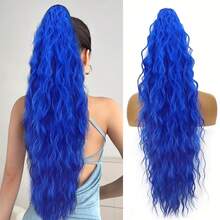 耐热合成纤维长波浪马尾辫，适合女性日常佩戴 - 有深棕色、黑色、蓝色、金色可选 - 彩色 - 查看 4