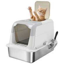 PawHut Katzenklo Edelstahl mit Deckel Katzentoilette mit Haube Schaufel Deodorierungsbeutel Doppelgänge Katzentoilette für Katzen bis 7 kg 60,4 x 40,4 x 41,8 cm Weiß - Einheitsgröße - Übersicht 2