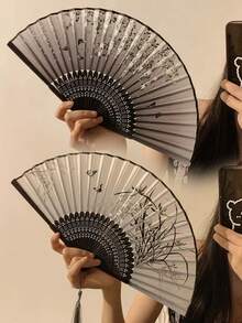 1pc Retro Folding Fan, Tassel Handheld Bamboo Fan, Crabapple Fan, Bamboo Fan, Painted Fan, Folding Hand Fan, Wedding Hand Fan, Party Hand Fan, Decorative Fan, Elegant Casual Style, Mother's Day Gift, Birthday Gift, Back To School Gift, Home Decor, Bamboo Art Ornament, Beach Essentials, Graduation Season, Commencement, Congrats Grad, Graduation Party, Travel Hiking Essentials, Camping Essentials, Portable Tools, Summer Essentials, Summer Portable - Multicolor - View 5