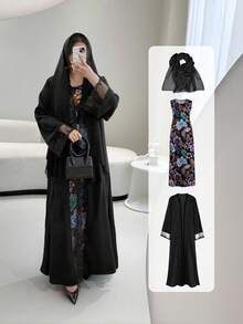 三件套女士优雅睡袍套装，包括蕾丝边开襟睡袍、针织吊带裙内衬和蕾丝边雪纺围巾——完美适用于节日和聚会，是春、夏、秋季的理想之选，也适合作为女士优雅派对礼服或开斋节黑色睡袍。 - 黑色 - 查看 2