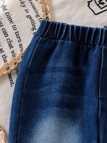 2 件女婴甜美休闲套装：3D 蝴蝶结装饰圆领短袖 T 恤上衣和 3D 粉色蝴蝶结装饰修身喇叭腿磨边牛仔裤套装 - 粉色 - 查看 7