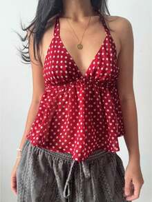 Women's Polka Dot Halter Neck Deep V Backless Peplum Tank Top Multi-Color - Đỏ - Xem 1