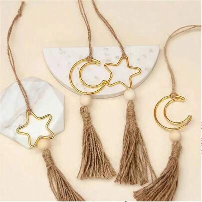 2pcs Moon & Star Pendant Set, Metal Moon & Star Pendants, Tassel Decor, Home & Festival Decoration, Ramadan Decor, New Star Tassel Ramadan Ornament, Iron Hanging Decor, Suitable For Eid, Wedding, Valentine''s Day And Birthday
