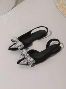 新款时尚女士尖头黑色珍珠蝴蝶结鞋 - 黑色 - 查看 4