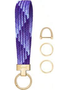 Stretchy Wristlet Keychain, Cute Key Chain, Woven Wrist Lanyard For Car Keys With 3 Keyrings And D-Ring For Women Men - Màu tím chuyển sắc - Xem 9