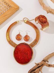 1 Set Handmade Exaggerated Multi-Layer Aluminum Wire Woven Resin Chain Bohemian European Middle Eastern Style Necklace, Earrings, Bracelet Set For Women, Suitable For Evening Party, Vacation - Orange - View 5