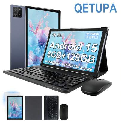  Tablet PC Android 15 de 10.1 pulgadas Qetupa Pad6, con funda protectora, protector de pantalla HD, ratón y teclado, 4GB de RAM + 64GB de almacenamiento (ampliable a 1TB a través de tarjeta MicroSD), procesador MTK8788 Octa-Core de 2.0GHz, pantalla táctil IPS HD (1280x800), cámara frontal de 5MP y cámara trasera de 13MP, batería de larga duración de 6000mAh