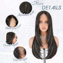 DHaloo Brown Wig With Curtain Bangs - Lace Front Hairline Middle Part Long Layered Natural Looking Straight Synthetic Hair Wigs For Women Daily Party 24 Inch Dark Brown - Nâu đậm - Xem 3