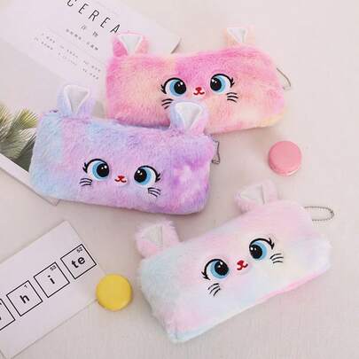 Cute Cartoon Cat Plush Pencil Case, Zipper Design, Large Capacity, Fluffy & Soft, Ideal For School Supplies And Cosmetics Storage. Great Back-To-School Gift, Suitable For School Items, Pencil Box And Backpack,Stationery,Bag