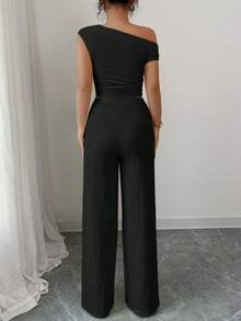 Sexy Off Shoulder Asymmetrical Neck Sleeveless Slim Fit Top And Wide Leg Pants Two Pieces Set With Knitted Textured Fabric Casual Commute Elegant Daily Vacation Beach Outfits Going Out Travel Hot Girl Style Spring And Summer New Women's Clothing - Kose - View 2