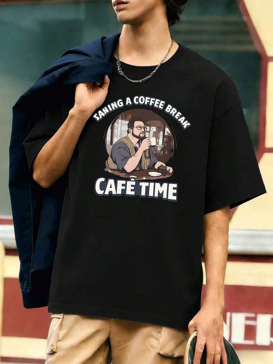 T-shirt graphique grande taille << Pause café », tissu de haute qualité, col rond, coupe confortable, imprimé graphique unique - Noir - Voir 1