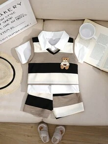3pcs Baby Boy Outfit Set: Sleeveless Striped Bear Embroidered Vest, White Shirt, And Casual Shorts