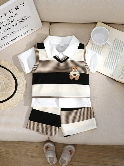 3pcs Baby Boy Outfit Set: Sleeveless Striped Bear Embroidered Vest, White Shirt, And Casual Shorts