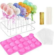 Kucoele Cake Pop Mold Set, Including 15 Hole Clear Acrylic Lollipop Display Stand Holder, 12 Cavity Pink Silicone Cake Pop Mold, Cake Pop Sticks Treats Bags And Twist Ties - Màu A - Xem 1