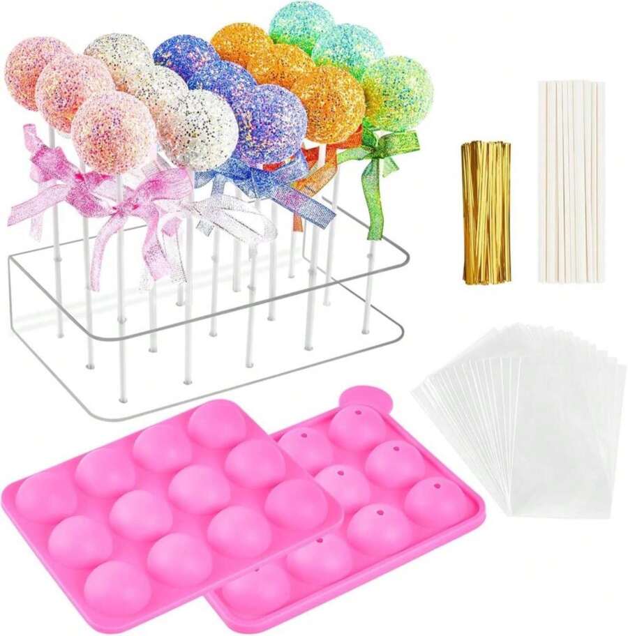 Kucoele Cake Pop Mold Set, Including 15 Hole Clear Acrylic Lollipop Display Stand Holder, 12 Cavity Pink Silicone Cake Pop Mold, Cake Pop Sticks Treats Bags And Twist Ties - Màu A - Xem 1