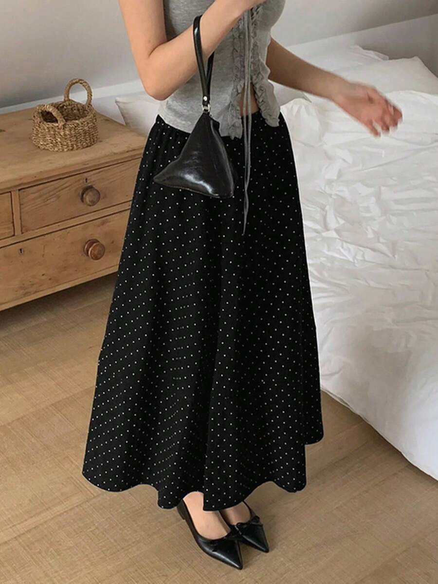 Versatile Casual Polka Dot Patchwork Skirt - Black - View 1