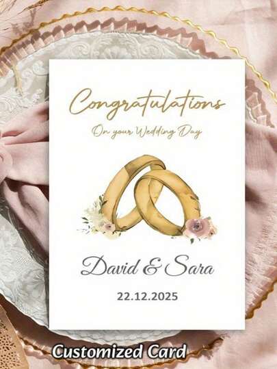 Spersonalizowana kartka z życzeniami ślubnymi, z imionami i datą – elegancki wzór złotego pierścionka, błogosławieństwo "Gratulacje z okazji Twojego szczęścia", prezent ślubny dla panny młodej, dekoracja ślubna