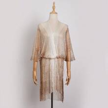 长款闪亮金色网纱沙滩围巾，多功能轻薄比基尼罩衫，时尚渐变流苏披肩，度假必备 - 彩色 - 查看 10