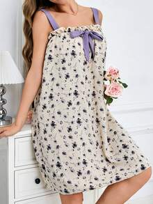 Women's Sweet Floral Print Camisole, Comfortable Loose Bow Tie Nightgown Homewear With Bubble Ruffle, Padded Bust, Can Be Worn Outerwear, Princess Maxi Dress - Beige - View 4