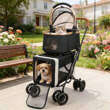 2-in-1-Klappbarer Kinderwagen für kleine Hunde und Katzen mit einer Tragkraft von 20 kg, mit abnehmbarem Netzfenster, 360°-Drehrollen und Aufbewahrungskorb - Schwarz - Übersicht 6