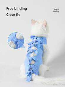 可调节术后恢复猫咪服装 - 带蝴蝶结，透气防舔舐手术宠物护理背心 - 彩色 - 查看 4