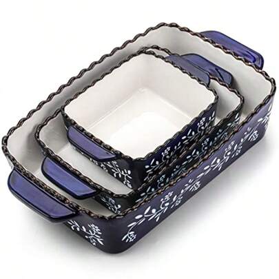 3 Pack Ceramic Bakeware Set Porcelain Rectangular Baking Dish Lasagna Pans For Cooking Kitchen Casserole Dishes Cake Dinner 12 X 8.5 X 6 Inches Of Baking Pans Banquet And Daily Use Cobalt Blue