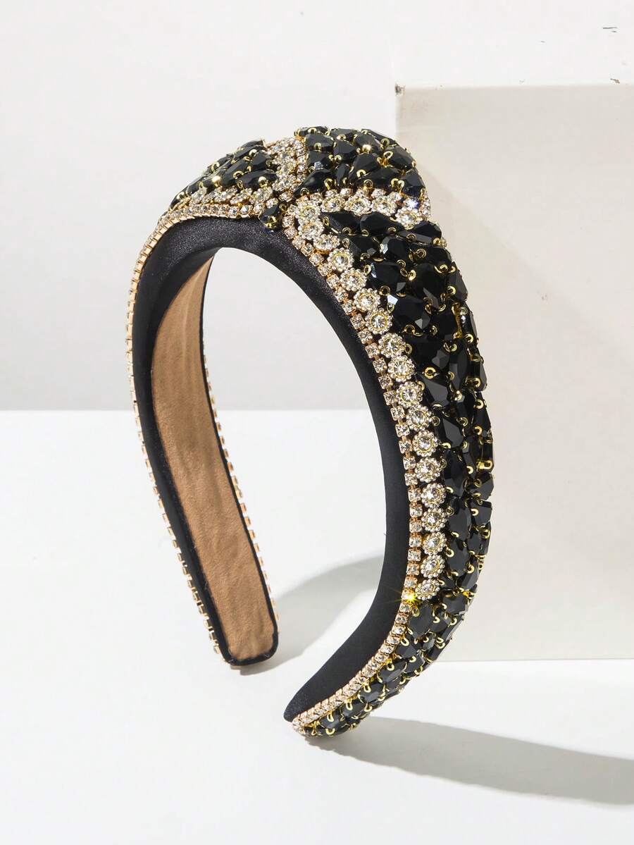 1件纯色布艺欧美时尚巴洛克风格女士发箍，奢华全镶钻皇冠设计，高端发饰，适合正式礼服和派对佩戴。 - 黑色 - 查看 1