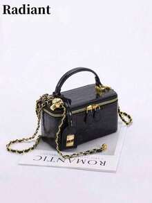 A Sophisticated Black Crocodile-Embossed Zippered Small Square Bag, Stylish PU Quilted Diamond Pattern Embroidered Box Bag, Chic And Versatile Women's Handbag With Chain Crossbody Design. - Black - View 1