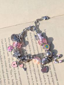 1 chiếc vòng tay quyến rũ hình chú rô bốt dễ thương, vòng tay kẹo mút hình trái tim tự làm, vòng tay hoa, vòng tay mặt dây chuyền chìa khóa hình trái tim, vòng tay phong cách đáng yêu - Hồng - Xem 7