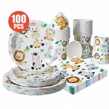 丛林动物主题派对一次性餐盘、餐巾纸、纸杯套装 - 一次性派对用品套装，适合25位客人，一次性纸盘，派对餐具，适用于生日、婚礼、主题派对、家庭野餐 - 彩色 - 查看 1