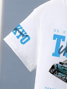 2pcs/Set Boys' Letter & Racing Car Print Round Neck Short Sleeve Casual T-Shirt And Shorts Set - White - View 4