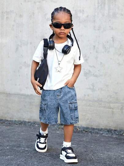 Young Boy Vintage & Street Style Wide Leg Light Wash Denim Cargo Shorts, Multi-Pocket Loose Fit Adjustable Elastic Waist Casual Shorts