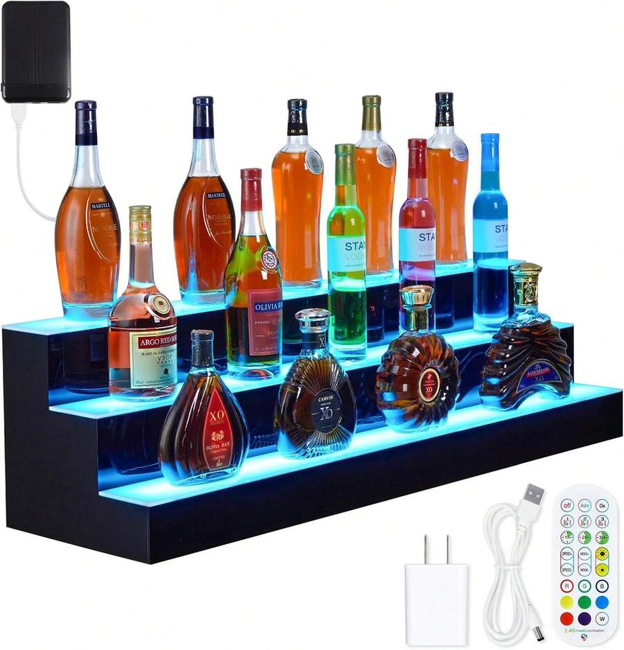 Estante Exhibidor de Botellas de Licor con LED, Estante de Bar Iluminado con Control Remoto y App, 16 Colores y 4 Modos, Soporte de Acrílico para Botellas de Licor - Rectángulo de 3 pasos de 40 pulgadas - Ver 1