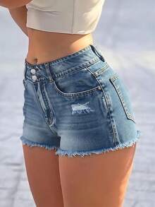 Quần short denim nữ cạp cao rách gối với khóa đôi - Túi tiện dụng, kiểu dáng thoải mái, phù hợp cho trang phục thường ngày. - Rửa nhẹ - Xem 4