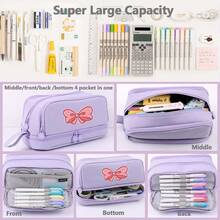Pink Bow Pencil Pouch Cute Large Pencil Case Organizer Multifunctional Big Capacity Pencil Pouch With 3 Compartmens, Aesthetic School Supplies Pencil Bag For Office Travel Men Women Pull-Out Large-Capacity Pen Bag With Shoelace Handle,Back To School Supplie Essentials Office Supplies Valentine's Day Gifts,Stationery - Multicolor - View 5