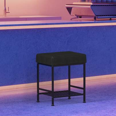 Makeup Vanity Stool - With Storage & Adjustable Feet, Faux Leather Black