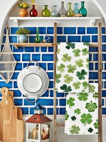 2条格子波点四叶草厨房毛巾，圣帕特里克节主题，可用作厨房擦手巾，适合农舍厨房、家庭室内餐具擦干。 - 綠色 - 查看 4