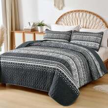 WONGS BEDDING Boho Quilt Twin Full Queen King Size, 3 Pieces Purple Blue Bohemian Light Weight Microfiber Bed Decor Bedspread for All Season - Negro - Ver 2