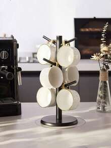 Coffee Cup Rack, Upgraded Thickened Wooden Base Cup Rack, Coffee Cup Rack With 6 Hooks, Suitable For Countertop Cup Rack Storage Rack, Bamboo Mug Rack, Suitable For Countertop, Coffee Bar Accessories And Storage Station - Multicolor - View 3