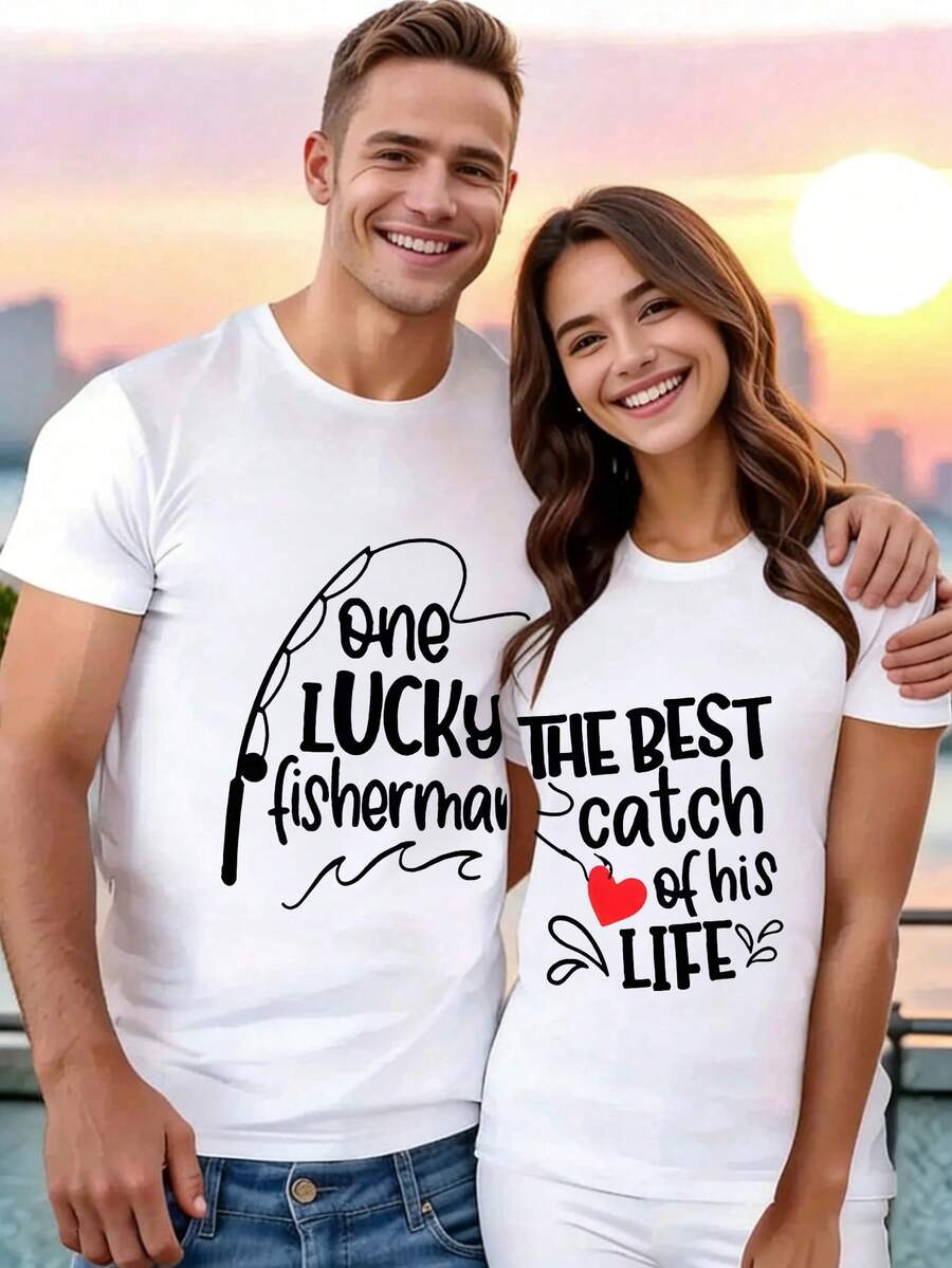 Camisetas para pareja con estampado de caña de pescar y texto One Lucky Fisherman y The Best Catch of His Life ideal para paseos al aire libre regalo de San Valentín perfecto para él regalo de San Valentín perfecto para ella regalo de San Valentín