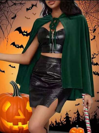 1pc Deep Green Velvet Hooded Cloak, Suitable For Halloween, Christmas Parties, And Wizard/Elf Costume Carnivals