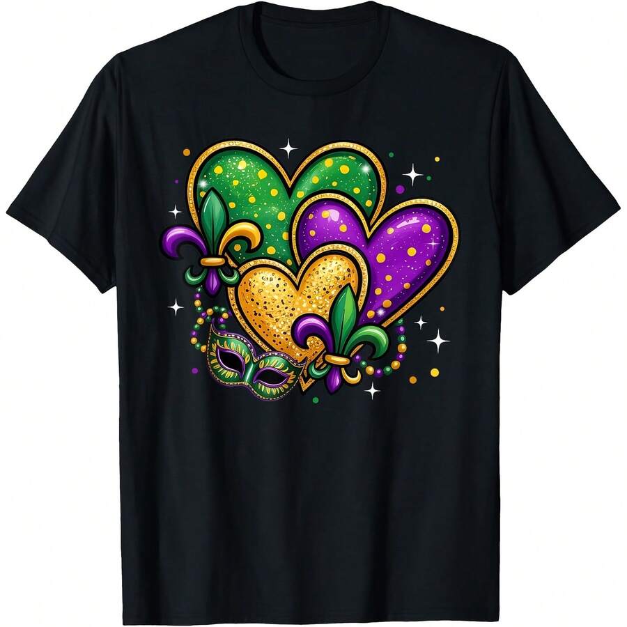 Mardi Gras Cute Hearts Fleur De Lis  Women  T-Shirt - Black - View 1