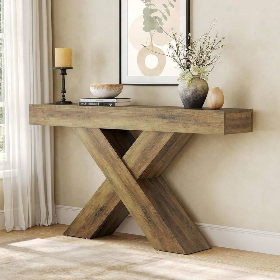 Tribesigns Narrow Console Table, 55-Inch Farmhouse Entryway Table, X-Shaped Couch Table Behind Sofa For Living Room, Entryway, Entrance, Foyer, Hallway, Rustic Brown - Brown - View 1