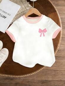 4件女童牛仔靴蝴蝶结印花白色圆领短袖T恤，春夏新款 - 白色 - 查看 3