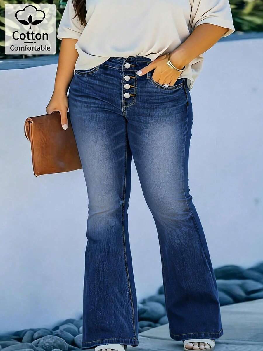 Quần jeans ống loe cỡ lớn dành cho nữ - Phong cách retro Y2K, chất liệu co giãn giúp tăng chiều cao, phù hợp cho mặc hàng ngày/công sở/lễ hội. - Rửa tối - Xem 1