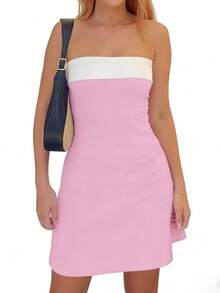 Kami Co. Summer Lightweight Mini Dress, Contrast Color Trim Bodycon Mini Dress, Elegant Black & White Strapless Fitted Party Cocktail Dress - Baby Pink - View 4