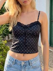 Women Y2k Camisole Tops Polka Dot Print Lace Trim Tie-Up Front Casual Cami Tops Spaghetti Strap Tank Tops Summer Fashion Sleeveless Slim Fitted Shirt Going Out Tops Club Streetwear Fairy Aesthetic Clothes - 黑色 - 查看 2