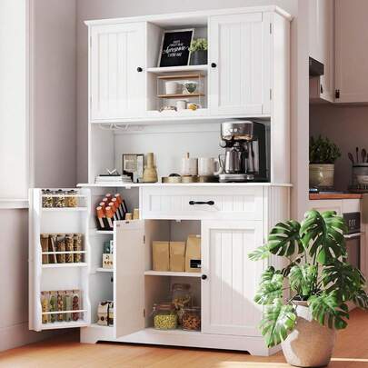 Mueble de cocina con almacenamiento, despensa con puertas y estantes, mueble para cafetera con almacenamiento, despensa estilo rústico para comedor y sala de manualidades