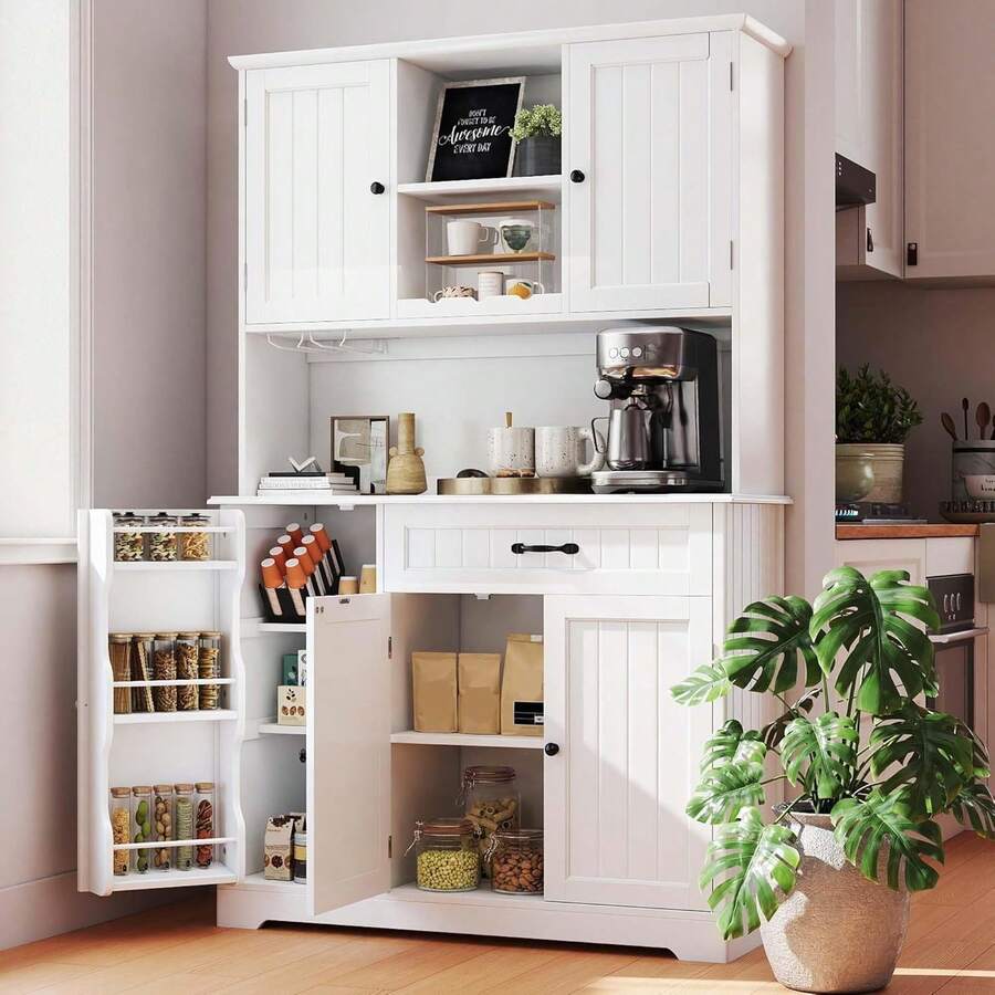 Mueble de cocina con almacenamiento, despensa con puertas y estantes, mueble para cafetera con almacenamiento, despensa estilo rústico para comedor y sala de manualidades - Blanco - Ver 1